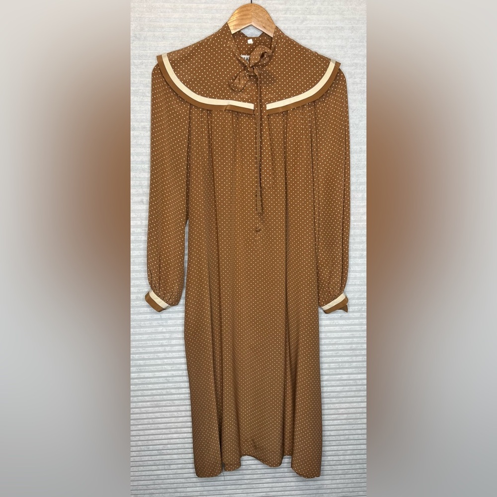 Vintage 70’s Ted Lapidus Paris Silk Maxi Dress Brown Beige Polka Dots Size 4